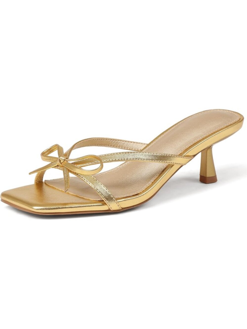 Women's Bow Heels Strappy Kitten Heels Gold Open Toe Slip On Mule Sandals Shoes
